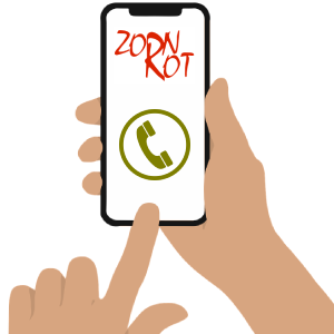 Eine Zeichnung von Händen, die ein Smartphone halten. Auf dem Display sind das Zornrot-Logo und ein grüner Telefonhörer zu sehen.